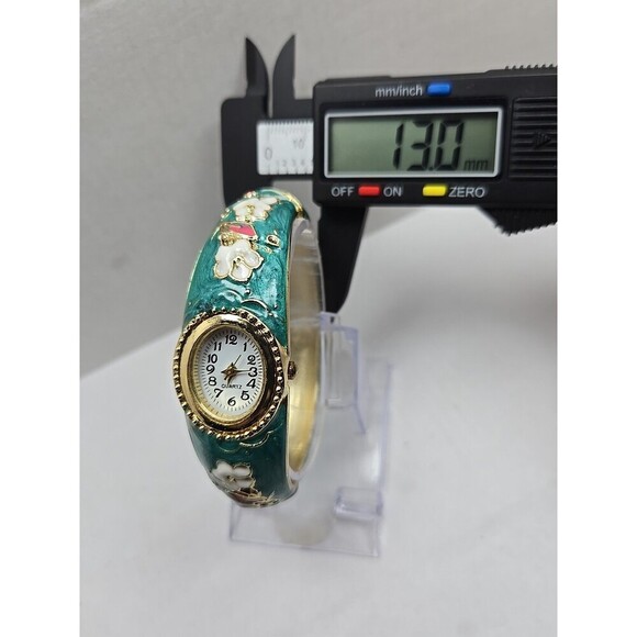 Floral Cloisonne Style Hinged Bangle Watch Green Enamel Gold Tone New Battery - Picture 6 of 12